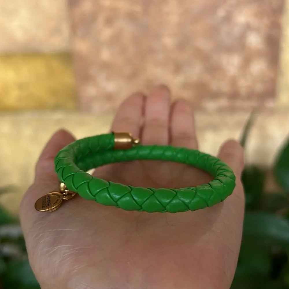 Alex & Ani Women’s Green Leather Braided Wrap Gold Tone Bracelet With Dust Bag